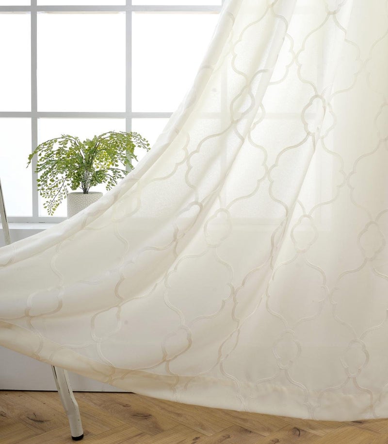 MIUCO Moroccan Embroidery Semi Sheer Curtains Faux Linen Grommet Curtains for Bedroom 52 x 63 Inch 2 Panels, Off White - Image 1